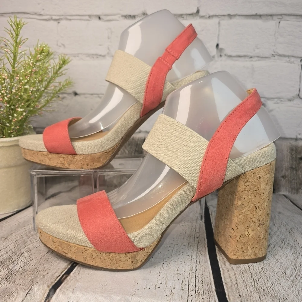 YELLOW BOX CORAL AND TAN STRAPPY CORK HEELS  RESORTWEAR SUMMER WOMENS 9.5